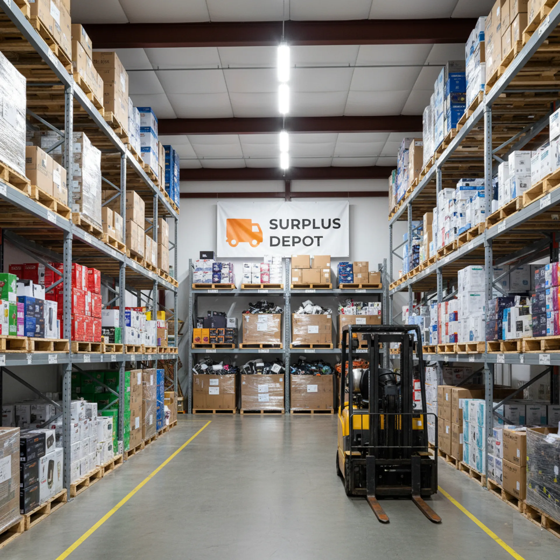 Surplus Depot warehouse with stacked merchandise